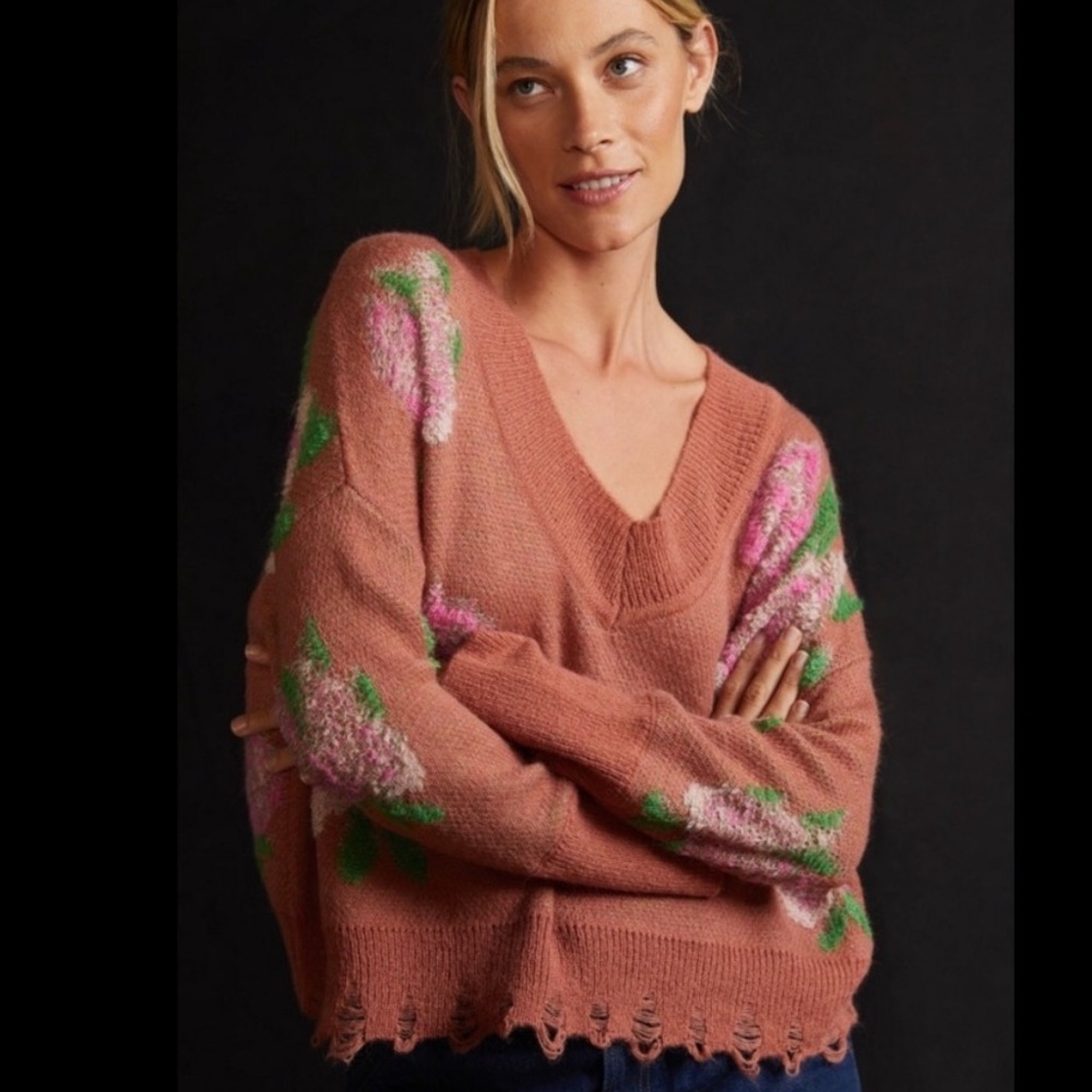 Anthropologie Drop Shoulder Floral Rose V-Neck Sweater - Picture 4 of 14